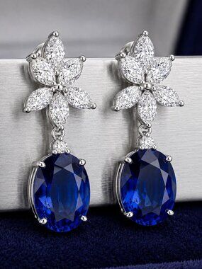 Blue Sapphire & Lab Diamond Floral Drop Earrings in 14K White Gold
